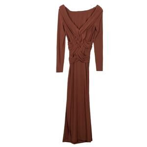 NWOT BEN DE LISI Dress 6 Brown Maxi Cuffed V Neck Cross Ruched Slit Side Stretch